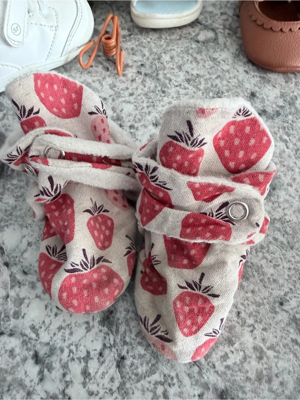 Baby Strawberry print booties with grips- handmade by Molly Angie “ma”